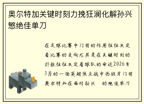 奥尔特加关键时刻力挽狂澜化解孙兴慜绝佳单刀